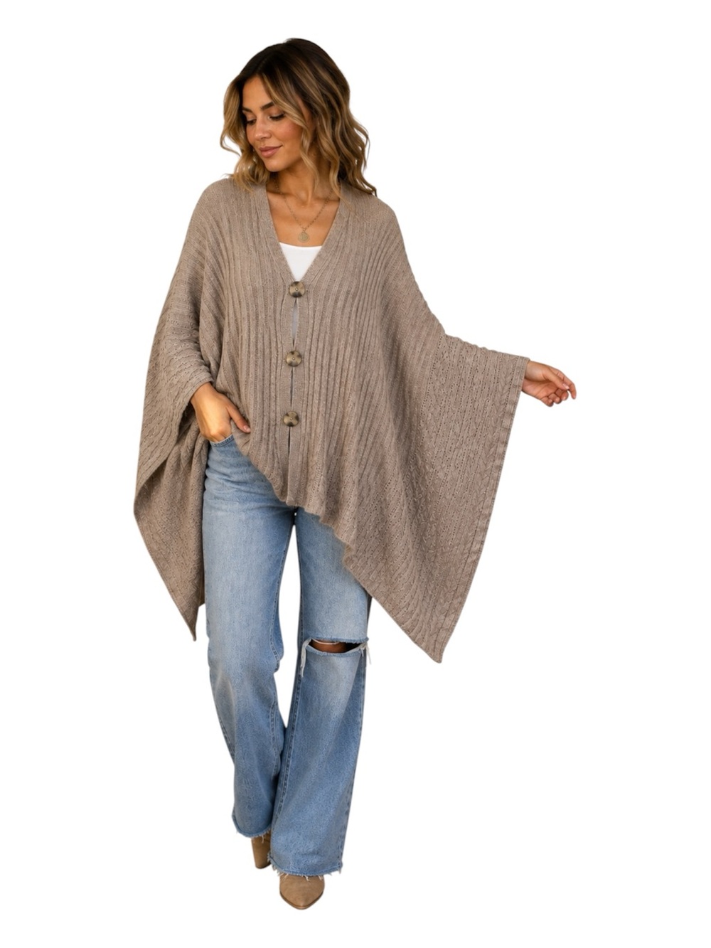 Kate Landry Oversized Cable Knit Poncho Cardigan Taupe One Size
